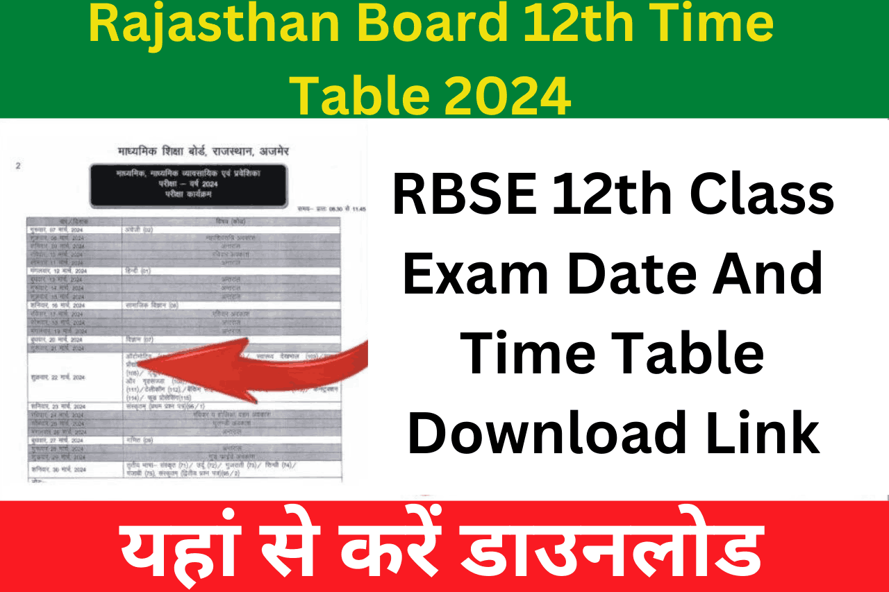 Rajasthan Board 12th Time Table 2024: RBSE 12th Class Exam Date And Time Table Download Link, Download here